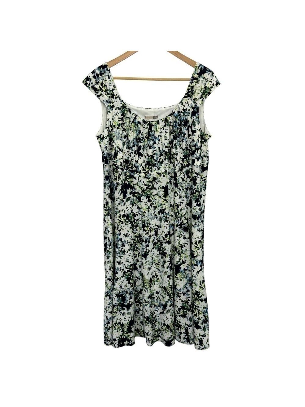 Signature Ella Floral Sundress Sz 16W White Navy Green Cap Sleeve Dress EUC